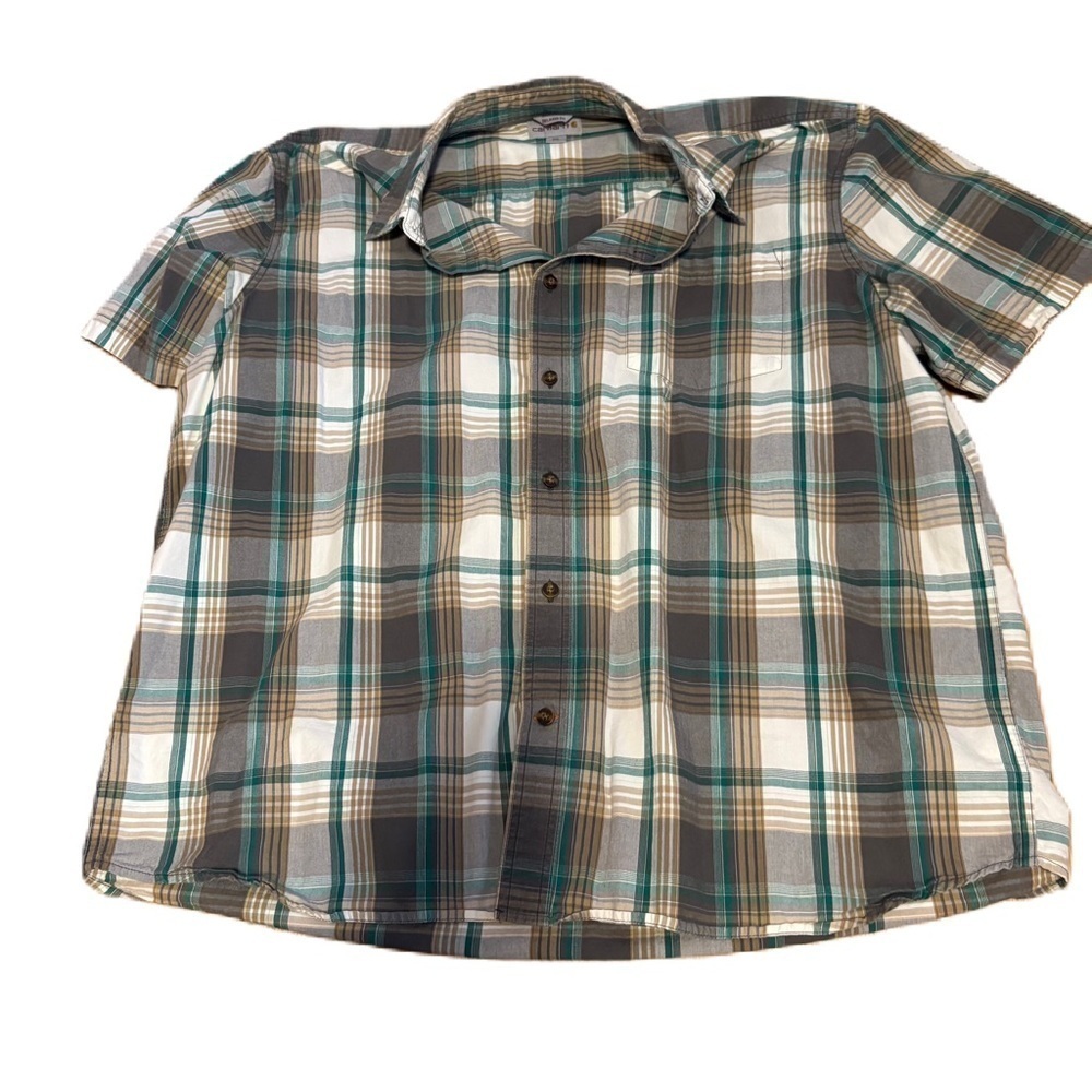 Carhartt Men's Plaid Relaxed Fit Button Down Short Sleeve Work Shirt 2XL Blue